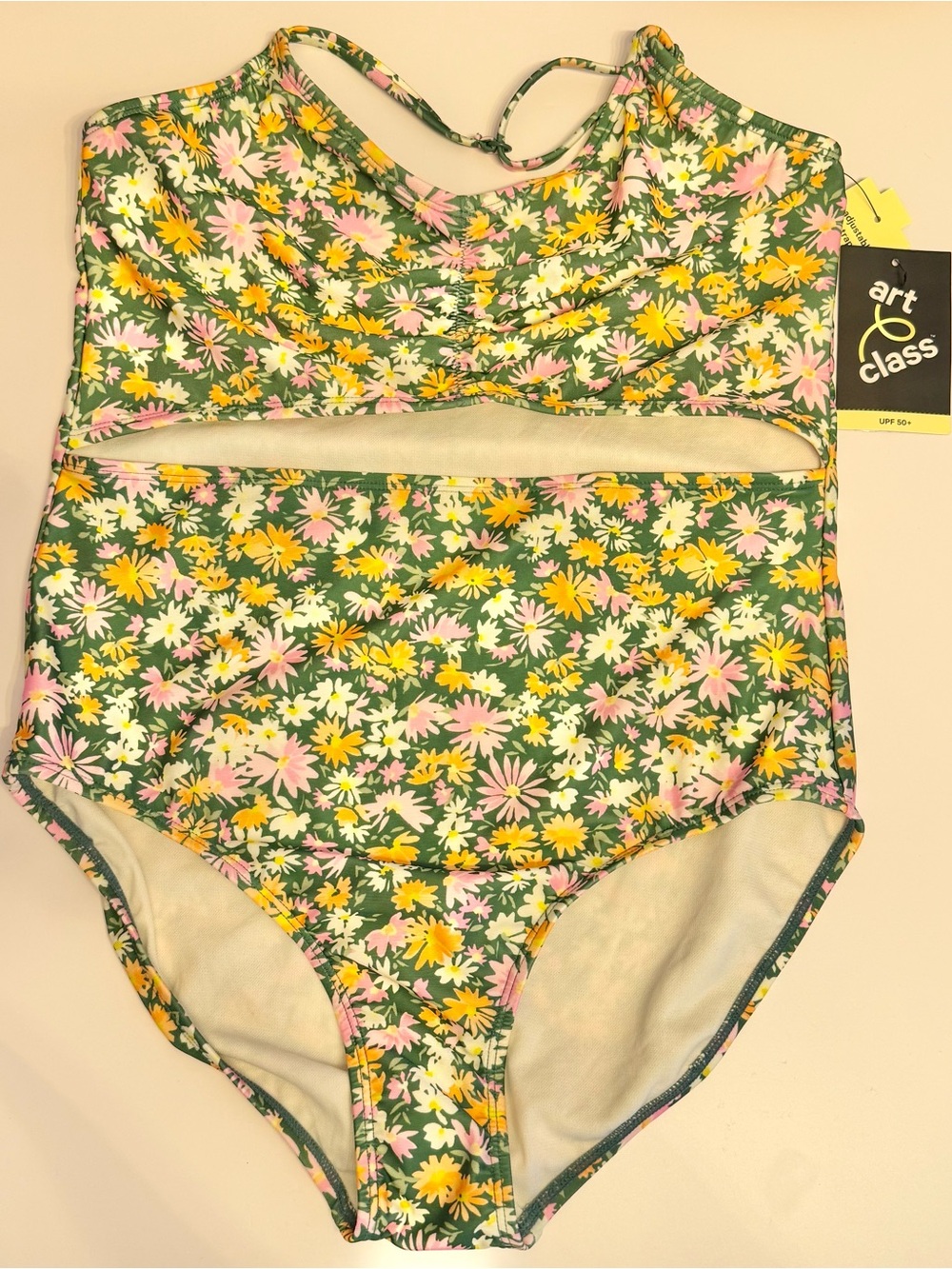 art class Green Floral Cutout One-Piece Swimsuit with Yellow & Pink Flowers